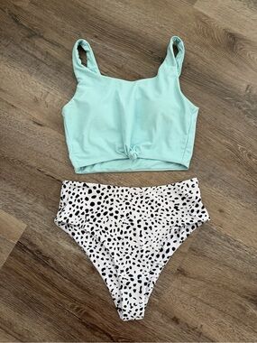 Tie Front Swim Top with Black & White Printed High-Waist Swim Bottoms